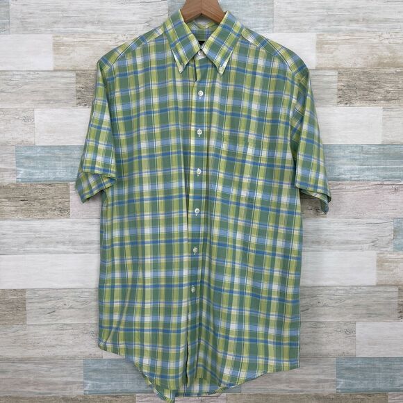 Brooks Brothers Short Sleeve Button Down Shirt Green Blue Plaid Mens Medium - Picture 1 of 5